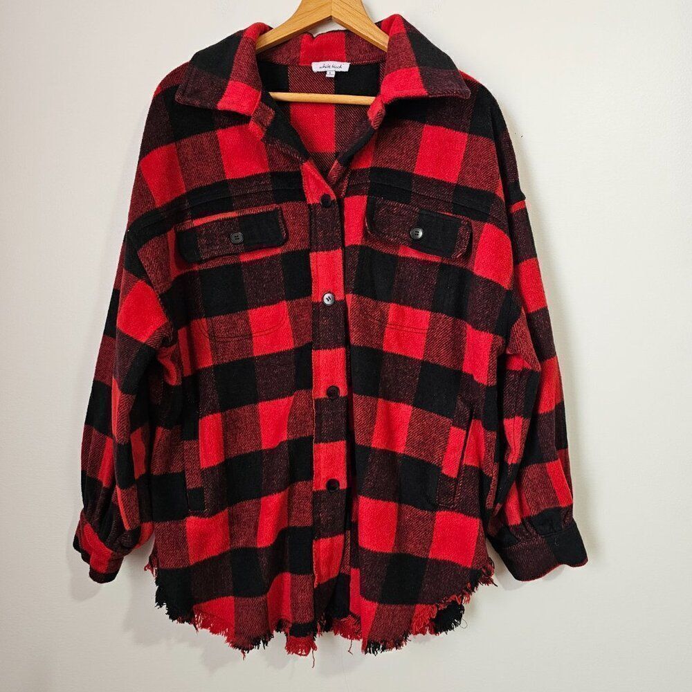 EUC WHITE BIRCH RED PLAID OVERSIZED SHACKET RAW HEM SIZE LARGE